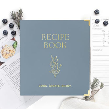 Aesthetic 8.5" x 11" Recipe Binder with Waterproof Cover - The Perfect Recipe Book with Plastic Sleeves to Write in Your Own Recipes - Quality Blank Cookbook Binder, Cards incl. - color: Dusty Blue, size: Large - 8.5x11"