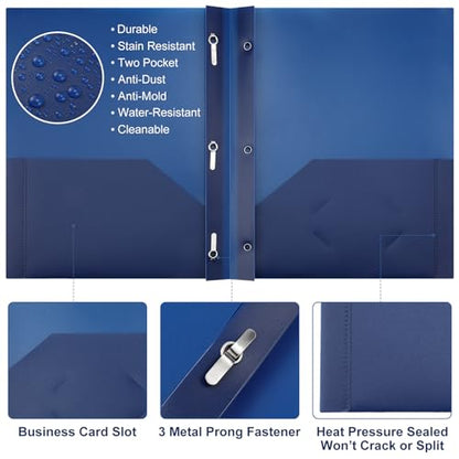 Cholemy 72 Packs Pocket Folders with Prongs Heavy Duty Plastic Folder with Business Card Slot 3 Prong Fasteners for School Office (Navy Blue) - color: Navy Blue