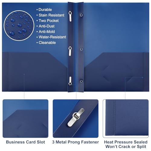 Cholemy 72 Packs Pocket Folders with Prongs Heavy Duty Plastic Folder with Business Card Slot 3 Prong Fasteners for School Office (Navy Blue) - color: Navy Blue