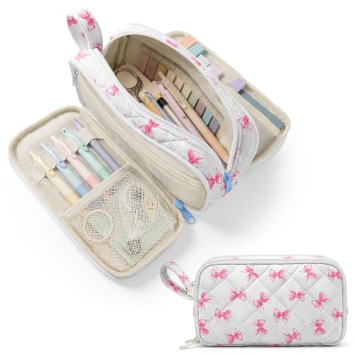 Shirabags Cute Quilted Pencil Case for Girls, 3 Compartment Organizer | Large Capacity Pencil Case,Soft Quilted Floral Design with 3 Zipper Compartments For School Office Travel (Pink Bow, M) - color: Pink Bow