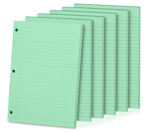 Loose Leaf Paper, 300 Sheets, Wide Ruled, 8" x 10.5", 6 Pack, 70gsm Notebook Paper Filler Sheets, 3 Hole Punched, 50 Sheets/Pack, Wide Ruled Office Filler Writing Notepads for 3 Ring Binder, Green - color: Green