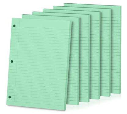 Loose Leaf Paper, 300 Sheets, Wide Ruled, 8" x 10.5", 6 Pack, 70gsm Notebook Paper Filler Sheets, 3 Hole Punched, 50 Sheets/Pack, Wide Ruled Office Filler Writing Notepads for 3 Ring Binder, Green - color: Green