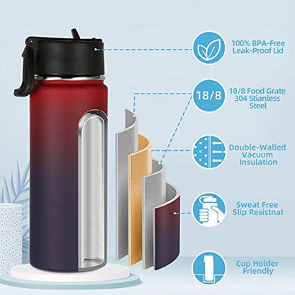 Volhoply 18oz Kids Insulated Water Bottle,Stainless Steel Water Bottles with Straw Lid,Double Wall Vacuum Metal Sports Water Flask,Wide Mouth Reusable Travel Cups For Cold Drink(Red Purple,1 Set) - color: Red Purple