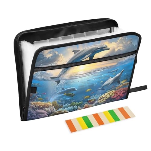 Expanding File Folder Dolphins Nautical Ocean Accordion File Organizer 13 Pockets Document Organizer with Zipper Labels A4 Letter Office Storage - color: Multi31