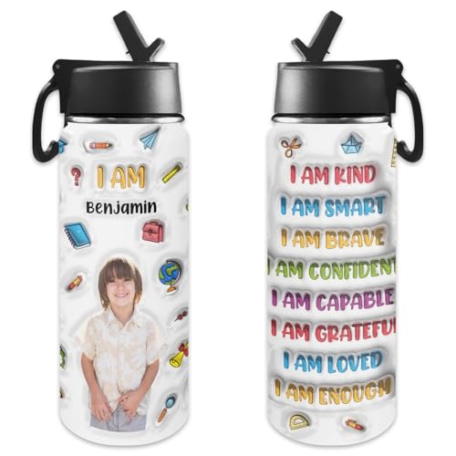 Personalized Kids Water Bottle with Photo, Custom Stainless Steel Insulated Sport Water Bottle for School, Back to School Gifts for Boy Girl, Insulated Tumbler with Straw Lid Handle, 18 OZ - color: # design 02 pic