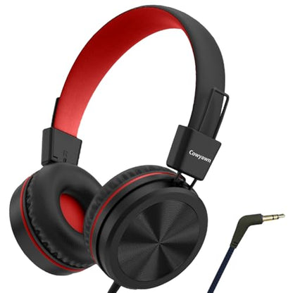 Cowyawn Kids Headphones, Toddler Headphone with Safe Volume Limiter 94dB, Wired School Headphones for Kid, 3.5mm Adjustable On-Ear Headphone for Boys/Girls/Children/Teens/iPad/Computer, Red Black - color: Red Black