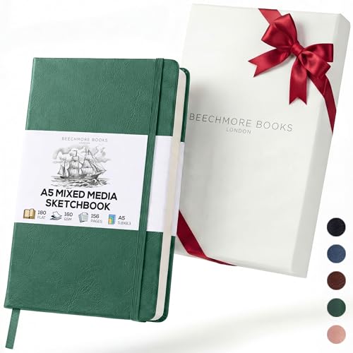 BEECHMORE BOOKS A5 Mixed Media Sketchbook - 5.8"x8.3" Hardcover Lay-Flat Art Journal, 160 GSM / 98 lb Professional Perforated Paper, Gift Box, for Drawing, Ink and Light Watercolor - color: Dartmouth Green, size: A5 - 5.8" x 8.3" Medium
