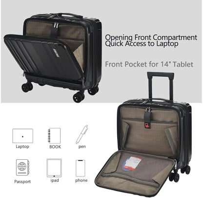 TydeCkare 16" Carry on Luggage with 2 Laptop Compartments, Lightweight Hardshell ABS+PC Suitcase with Dual Control TSA Lock, with YKK Zipper, 4 Spinner Silent Wheels, for Business Travel, Black - color: Black