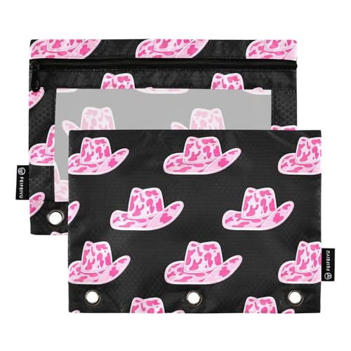 Gredecor Binder Pencil Pouch 3 Ring Cowgirl Hat with Pink Cow Zipper Pencil Pouches Case 2 Pack Clear Binder Organizer for School Office - color: Cowgirl Hat