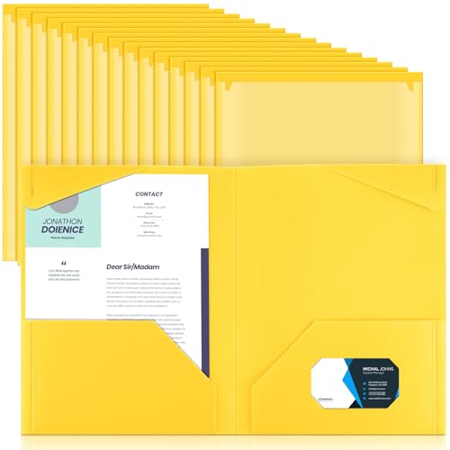 Henoyso 36 Pack Yellow Plastic Folders with Clear Front Pockets Heavy Duty File Folders with 2 Pockets and Card Slot for Student Communication School Office Presentation Report - color: Yellow
