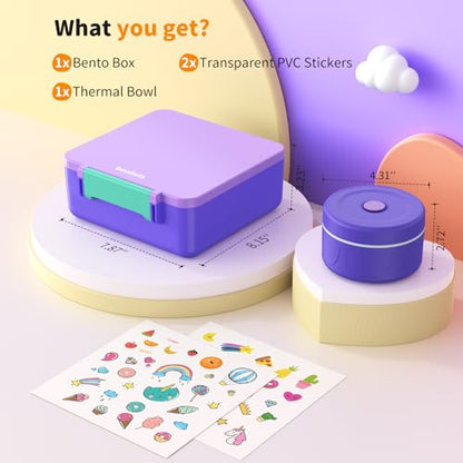 Bento Box for Kids, Lunch Box with Sticker and Leak-Proof Vacuum Food Jar, 4 Compartment BPA-Free Toddler Bento Box for School, Machine-Washable and Removable Compartments for Boy(Purple) - color: Purple