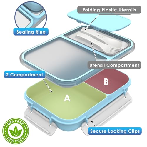 WHALEHOUSE Bento Lunch Box, 1100ML 2 Compartments Meal Prep Container with Utensil, Airtight Food Storage Container with Snap Locking Lids, Microwave/Dishwasher/Freezer Safe, On the Go - color: 1100mL-Blue