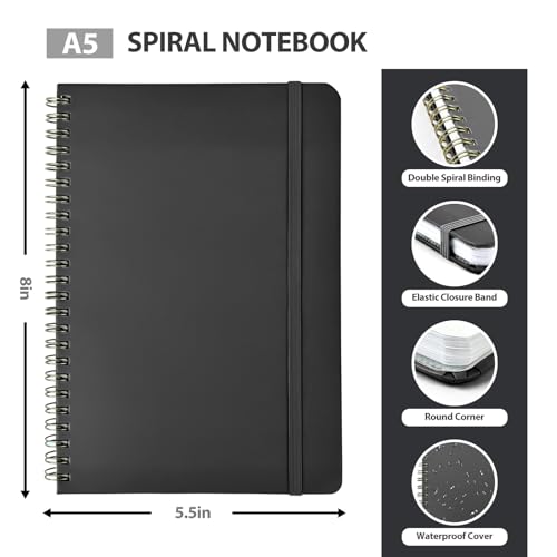 A5 Lined Spiral Journal Notebook, 146 Pages Hardcover Notebook with 100 GSM Thick Paper, Inner Pocket & Elastic Closure, 5.7" x 7.9", Notebooks for Work, School, College, Office, Journaling & Note Taking - color: BLACK