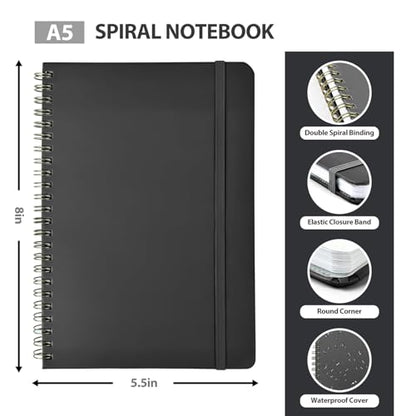 A5 Lined Spiral Journal Notebook, 146 Pages Hardcover Notebook with 100 GSM Thick Paper, Inner Pocket & Elastic Closure, 5.7" x 7.9", Notebooks for Work, School, College, Office, Journaling & Note Taking - color: BLACK