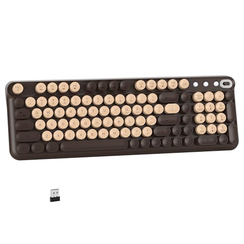 Links9+ Wireless Bluetooth Keyboard, 2.4GHz Receiver(Coffee) | Retro Round Typewriter Keyboard, Dual Mode Bluetooth Keyboard Compatible with Windows, macOS, iPad, Android, Laptops, Tablets - color: Coffee