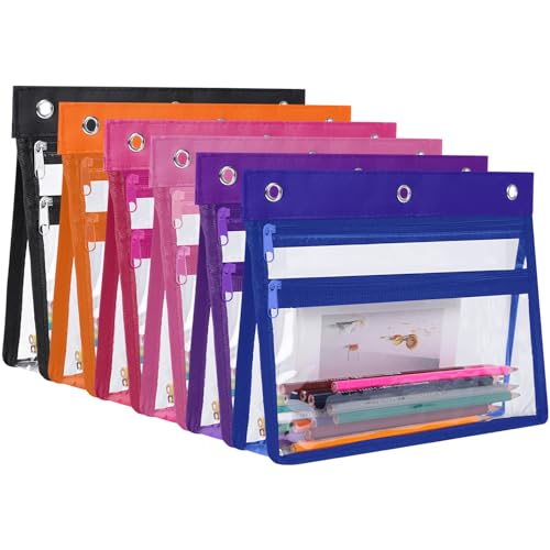 YoeeJob 6 Pack Zipper Pencil Pouches for 3 Ring Binder, 1.5 Inch Expandable with 2 Pockets and Clear Window for School and Office（Colorful） - color: Colorful, size: 6 Packs
