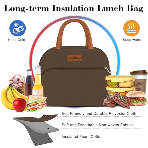 Coobiiya Lunch Bag Women, Lunch Box for Women Adult Men, Small Leakproof Cute Lunch Tote Large Capacity Reusable Insulated Cooler Lunch Container for Work/Office/Picnic/Travel-Brown - color: Brown