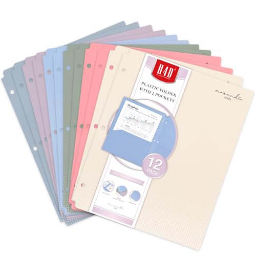 H4D 3-Hole Plastic Folders, 2 Pockets, Letter Size, Pastel Colors, 12 Pack | Letter Size, Heavyweight, Durable, Waterproof, PP Plastic, Fits for 3-Ring Binders, Soft Colors - color: Pastel Colors