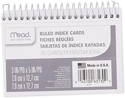 Mead Index Cards, 3" x 5", Ruled Front, Blank Back, 50 Cards, White (63130) - size: 1 Count (Pack of 1)