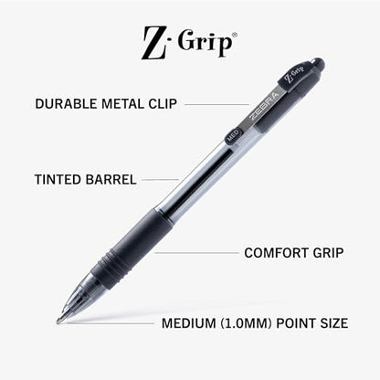 Zebra Pen Z-Grip Retractable Ballpoint Pen, Smooth-Flowing Black Ink, 1.0mm Medium Point, School & Office Supplies, Ideal for Note-Taking, Journal and Planner Use, 18-Pack (22218) - color: Black F