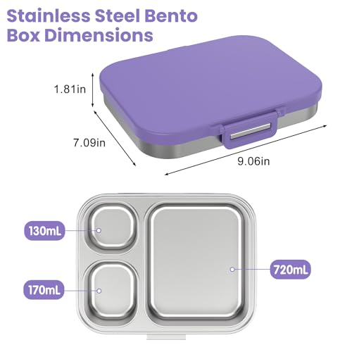 Pawtong Stainless Steel Bento Lunch Box for Kids | 3-Compartment Lunch Box Container Kids | 100% Leakproof, Eco-Friendly, Perfect Portion Control for Kids&Adult Healthy Meals (Purple) - color: Purple