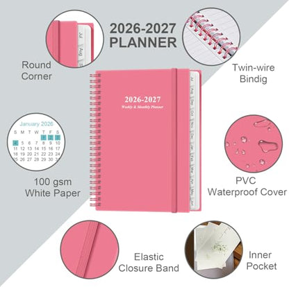 Planner 2026-2027 - A5 Weekly & Monthly Planner Spiral Bound, July 2026 - June 2027, with Flexible Cover, Tabs, Inner Pocket, 6.4" x 8.5", Pink - color: Pink, size: 6.4" x 8.5"