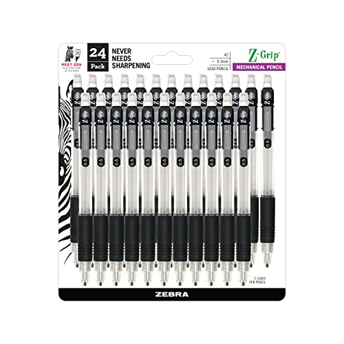 Zebra Pen, Z-Grip Mechanical Pencil, Smooth Writing, Latex-Free Grip, 0.5mm Lead, #2 HB, Pre-Loaded with Lead and Eraser, for School, Office, Everyday Use, Refillable, Clear Barrel, 24-Pack, (15301)