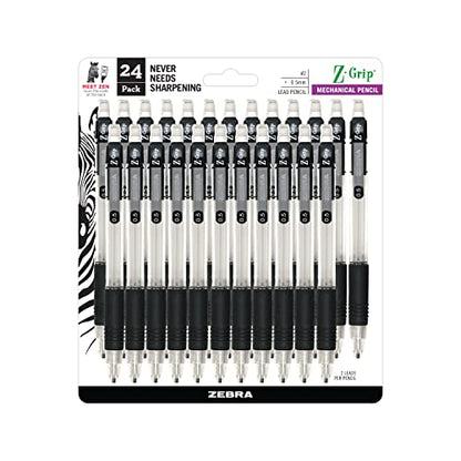 Zebra Pen, Z-Grip Mechanical Pencil, Smooth Writing, Latex-Free Grip, 0.5mm Lead, #2 HB, Pre-Loaded with Lead and Eraser, for School, Office, Everyday Use, Refillable, Clear Barrel, 24-Pack, (15301)