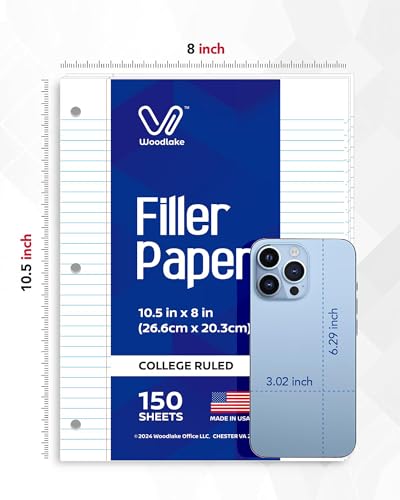 Woodlake Loose Leaf Paper, College Ruled Notebook Paper, 8 x 10.5”, 150 Sheets per Pack, 3 Pack, Lined Filler Paper, 3 Hole Punched, 65gsm, Made in USA - color: College Ruled, size: 3 PACK(450 SHEETS)