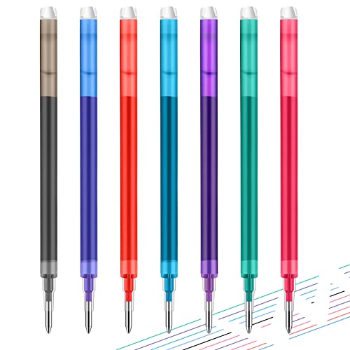 Geyee 7 Pcs Erasable Pen Refills 0.5 mm 7 Assorted Colors Gel Ink Refills Medium Fine Point Erasable Pens Refill Compatible with Retractable Click Pens for Writing Planner Crossword Puzzles