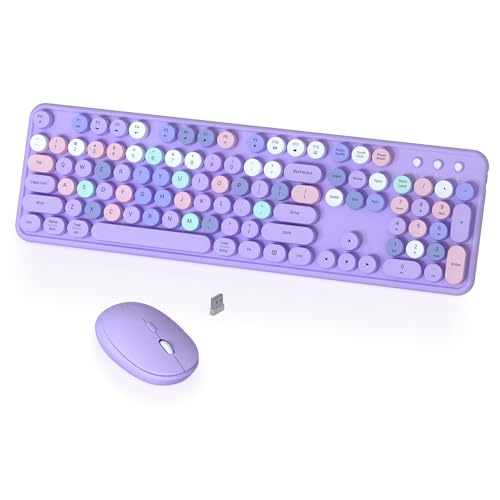 Colorful Wireless Keyboard and Mouse Combo, COVEVA 2.4GHz Wireless Retro Cute Round Keycaps Keyboard, 104 Keys Full-Sized Keyboard Mouse Set with Switch Button for PC Laptop Desktop (Purple Colorful) - color: Purple