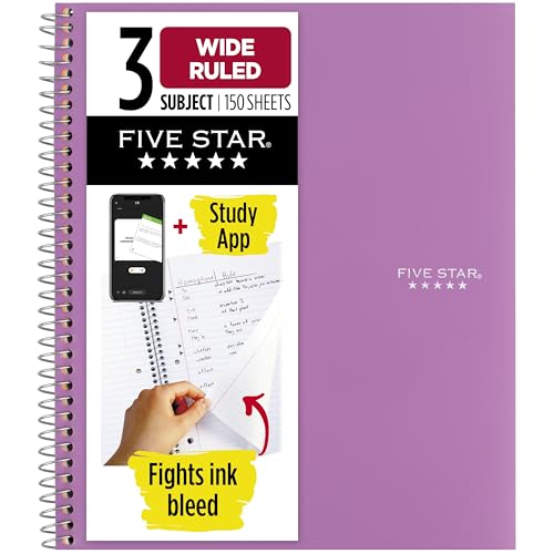 Five Star Spiral Notebook + Study App, 3 Subject, Wide Ruled Paper, 8" x 10-1/2", 150 Sheets, Fights Ink Bleed, Water Resistant Cover, Amethyst Purple (38737) - color: Purple, size: 8" x 10-1/2" (Pack of 1)