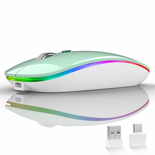 Uiosmuph LED Wireless Mouse, G12 Slim Rechargeable Silent Mouse, 2.4G Portable USB Optical Wireless Computer Mice with USB Receiver and Type C Adapter (Mint Green) - color: Mint Green