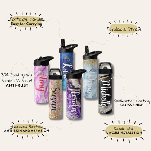 Personalized Leakproof Water Bottle 25oz | Gym Water Bottles | Running Cup | Pink Marble with Gold Glitter Effect with Name | Adult Custom Tumbler | ECO Friendly Inks - color: Pink and Gold