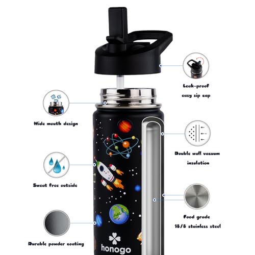 16 oz Stainless Steel Insulated Kids Water Bottle, Leak Proof Metal Thermal Flask with Straw lid, Cute Toddler Tumbler Cup for School Girls & Boys (Black, Space) - color: Black, Space
