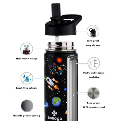 16 oz Stainless Steel Insulated Kids Water Bottle, Leak Proof Metal Thermal Flask with Straw lid, Cute Toddler Tumbler Cup for School Girls & Boys (Black, Space) - color: Black, Space