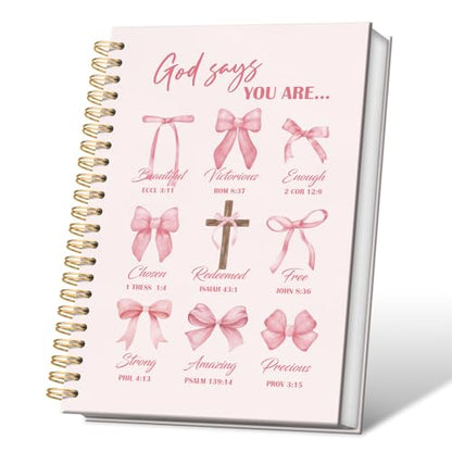 Bible Pink Bow Notebook Journal for Women, Christian Girl Energy Journal, Christian Study Notebook, Cute Preppy Bible Study Spiral Notebook for Bible Notes 5.5 x 8.3 - color: pink god says