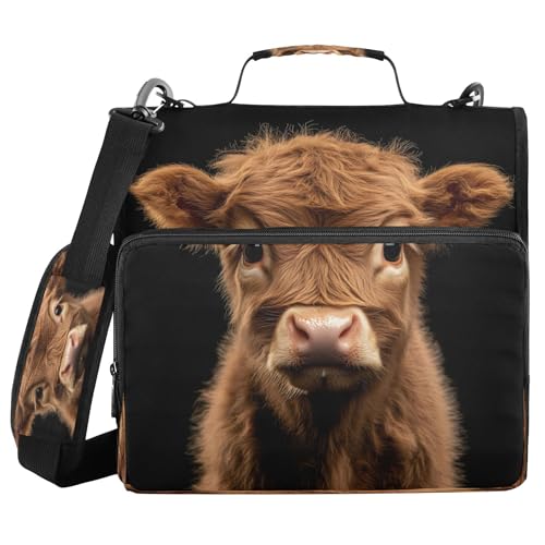 3 Ring Zipper Binder Cure Highland Cow Binder Organizer Portfolio with File and Shoulder Strap & Handle Large Capacity File Folder - color: Highland Cow