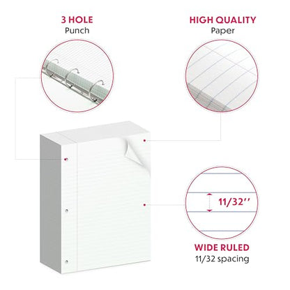 Alitte Loose Leaf Paper, Wide Ruled, 600 Sheets (150/Pack) Filler Paper for Writing Notes - School, College, Office - 3 Hole-Punch Lined Sheets for Ring Binders, Pocket Folders - White, 8 x 10.5 - color: Wide Ruled