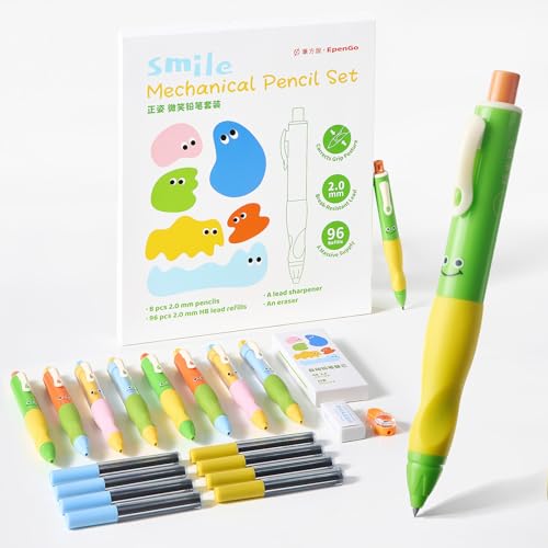 8 Pack 2.0mm HB Kids Mechanical Pencils, Break-Resistant Thick Lead | Non-slip grip & smile design. Includes 96 #2 lead refills, sharpener & eraser, great for kids handwriting & school use.