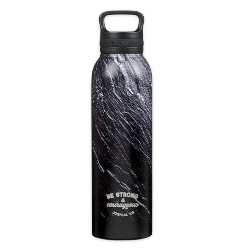 Christian Art Gifts Stainless Steel Double Wall Vacuum Insulated Water Bottle for Men & Women: Strong & Courageous - Joshua 1:9 Inspirational Verse w/Carry Handle Lid, Black/Granite/Slate, 24 oz. - color: Black Marble/Swirl - Strong & Courageous