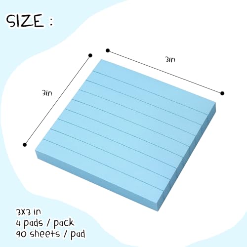Lined Sticky Notes 3x3 in Self-Adhesive, 4 Pads, 90 Sheets/Pad (Light Blue) | Strong Self-Adhesive Backing, Sticks Firmly and Removes Cleanly - color: Light Blue