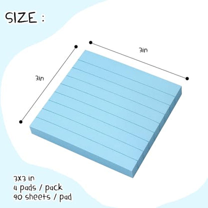 Lined Sticky Notes 3x3 in Self-Adhesive, 4 Pads, 90 Sheets/Pad (Light Blue) | Strong Self-Adhesive Backing, Sticks Firmly and Removes Cleanly - color: Light Blue