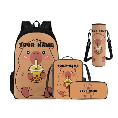 Cute Capybara Backpack Set with Lunch Box, Personalized Backpack for 2nd Grade Boys Kids Back to School Custom Name Back Pack Pencil Case and Water Bottle Holder 4 Piece Set for Kids Study - color: Cute Capybara--custom