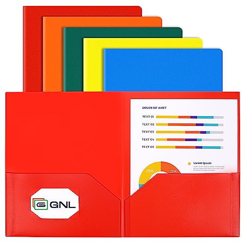 GNL Plastic Folders with Pockets, Pack of 5, Colored Heavy Duty 2 Pocket File Folders Letter Size, Pocket Folders for School, Home, and Office - color: General Colors, style: 5-Pack