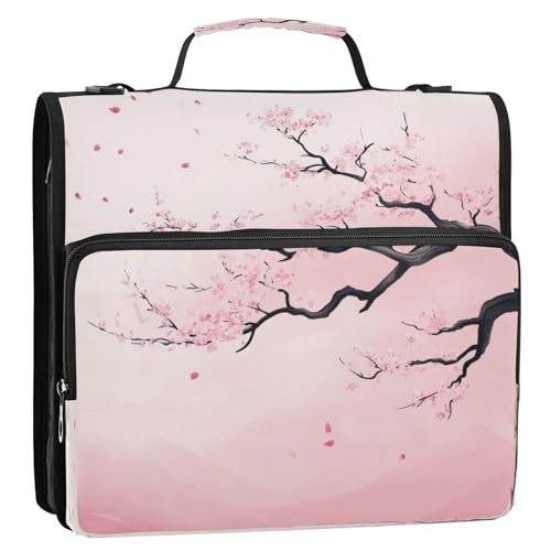 Pink Cherry Blossom Tree with Branches 3 D-Ring 2 inch Zipper Binder Bag with Shoulder Strap, Multi-Pocket Portfolio Organizer Case for 13 Inch Laptop Middle School