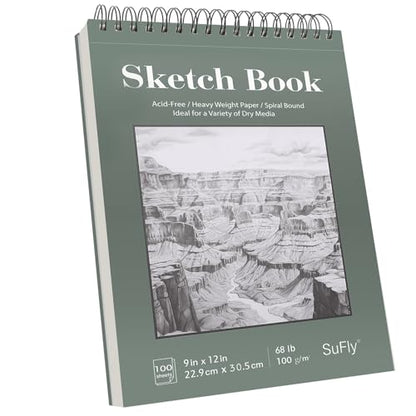 SuFly Sketch Book 9x12, Drawing Paper Pad-68lb/100gsm, Top Spiral Sketchbook Hardcover, 100 Sheets Sketch Pad for Kids Classroom Art Supplies for Adults-Sketchpad for Drawing, Illustration & Art Stuff