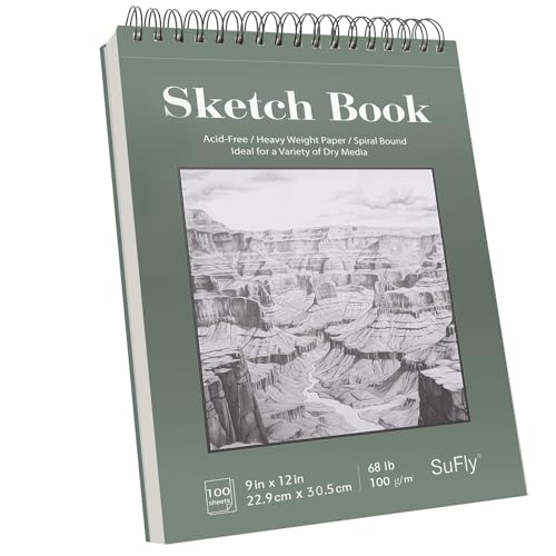 SuFly Sketch Book 9x12, Drawing Paper Pad-68lb/100gsm, Top Spiral Sketchbook Hardcover, 100 Sheets Sketch Pad for Kids Classroom Art Supplies for Adults-Sketchpad for Drawing, Illustration & Art Stuff