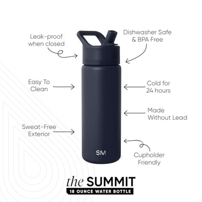 Simple Modern Kids Water Bottle with Straw Lid Vacuum Insulated Stainless Steel Metal Thermos Bottles | Reusable Leak Proof BPA-Free Flask for School | Summit Collection | 18oz, Deep Ocean Navy Blue - color: -Deep Ocean, style: 18oz