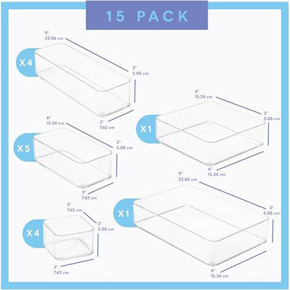 primebox Fifteen Pieces. Plastic Clear Drawer Organizers. Bathroom, Kitchen, Bedroom, Utensils, Office Organizer Bins, Storage Trays. Heavy Duty, Stackable 5 Sizes.